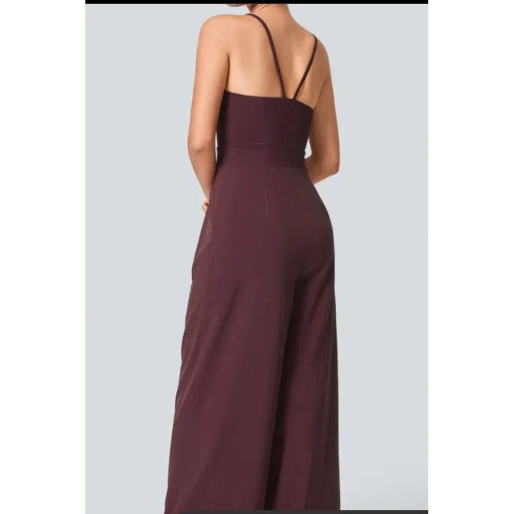Halara Burgundy Wide Leg V-Neck Spaghetti Strap Jumpsuit with Pockets Large - Picture 2 of 7